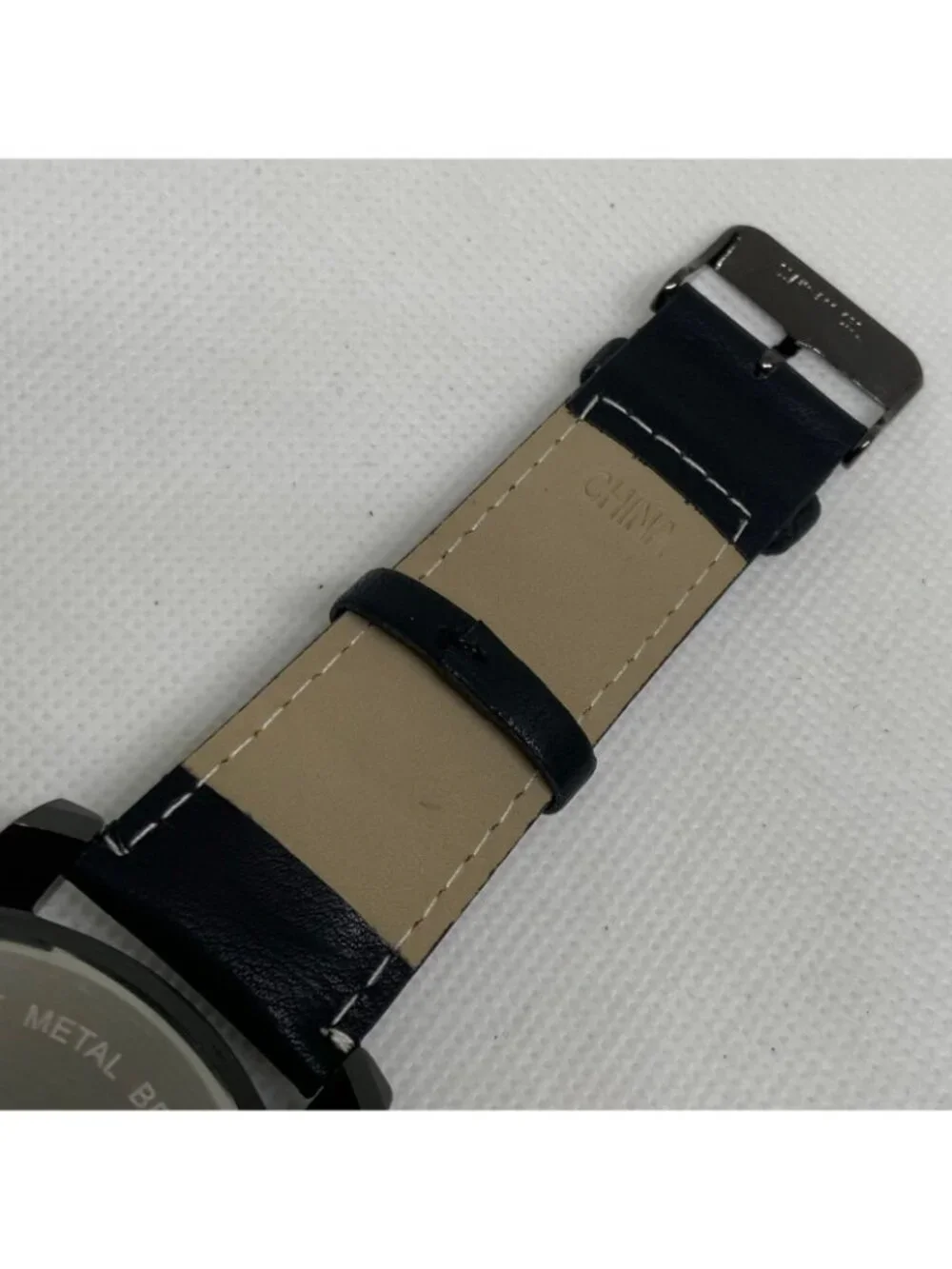 FMD men’s watch black tone quartz analog 50mm Roman indices leather running